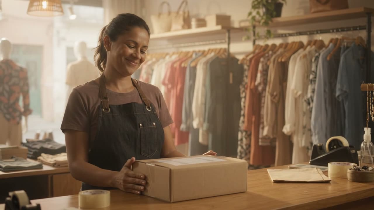 Uma lojista embala um pedido no balcão de uma loja de roupas, com araras ao fundo