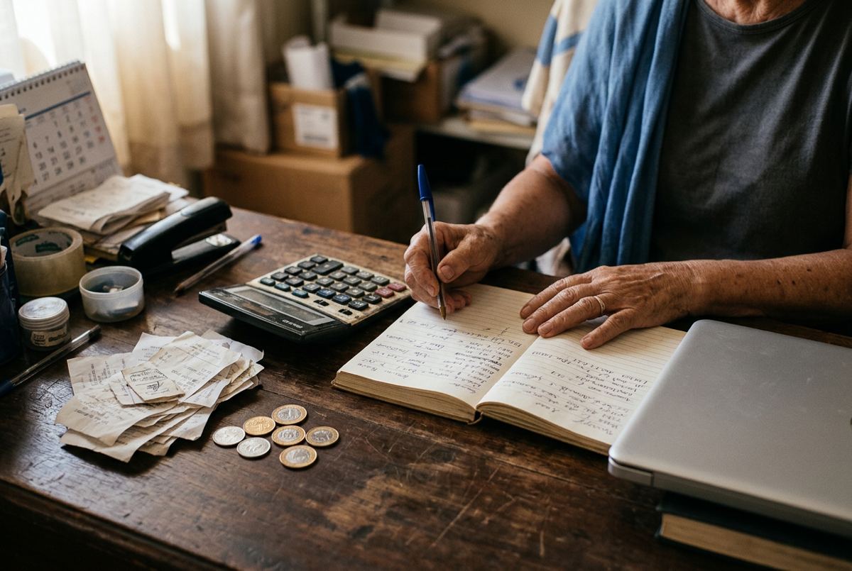 Mãos anotando num caderno ao lado de calculadora e recibos