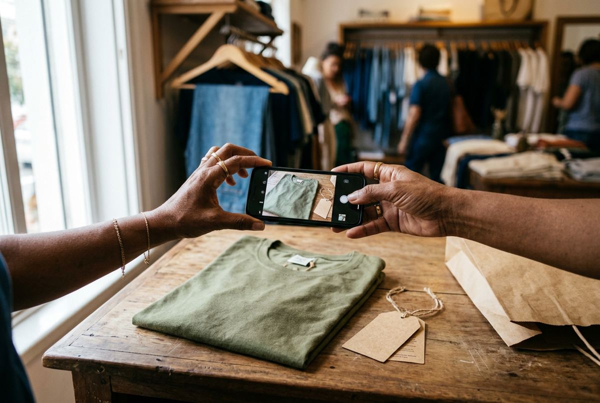 Lojista fotografa uma camiseta dobrada com o celular